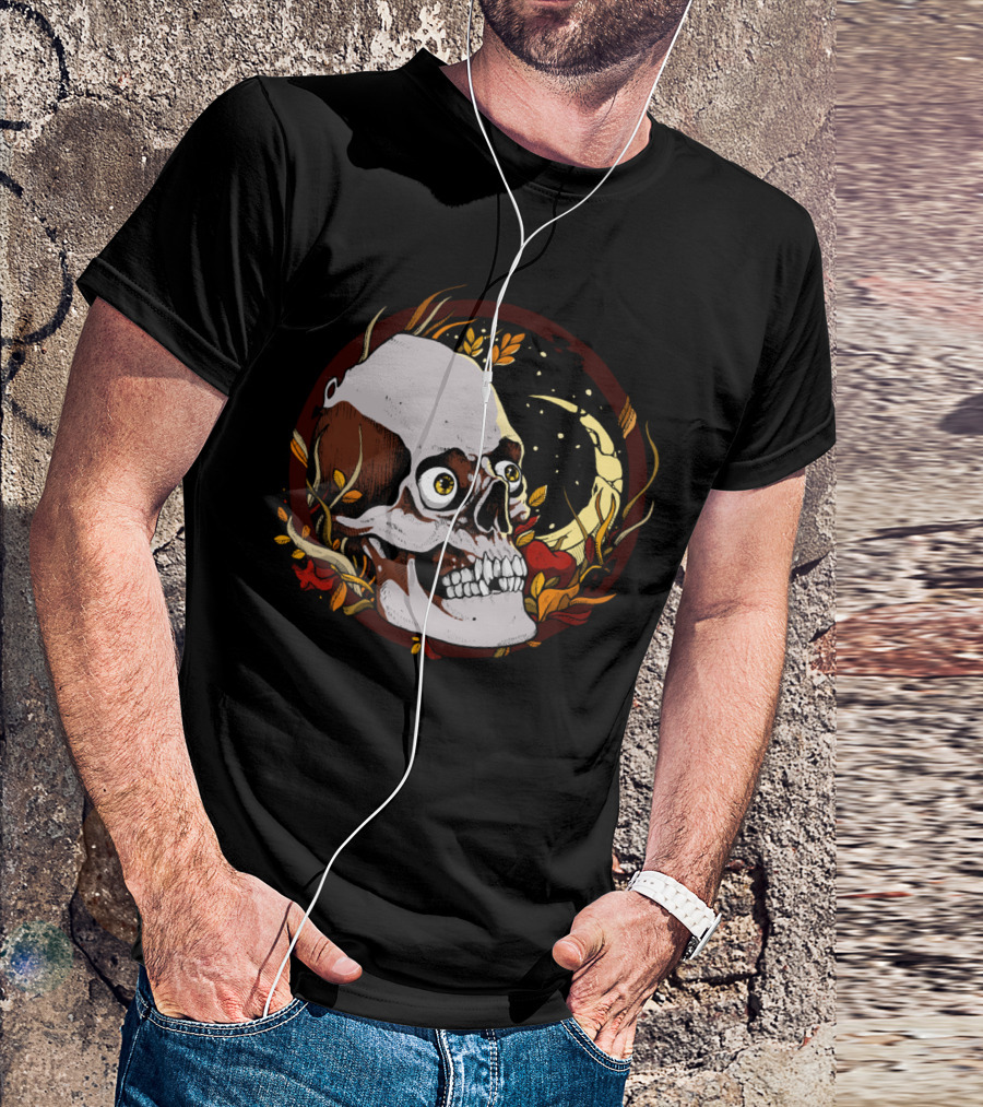 Autumn Of The Dead Skull With Moon And Leaves T-Shirt