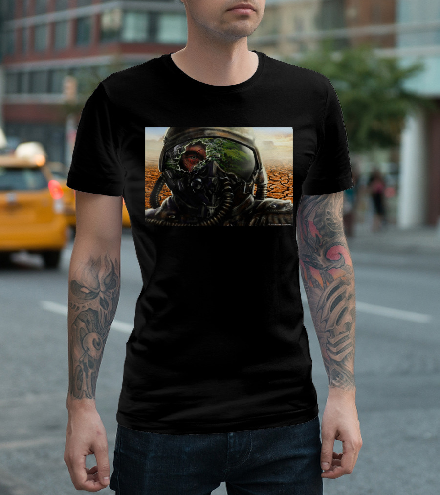 Aftermath Cracked Helmet Reflection Red Eye Desolate Landscape T-Shirt