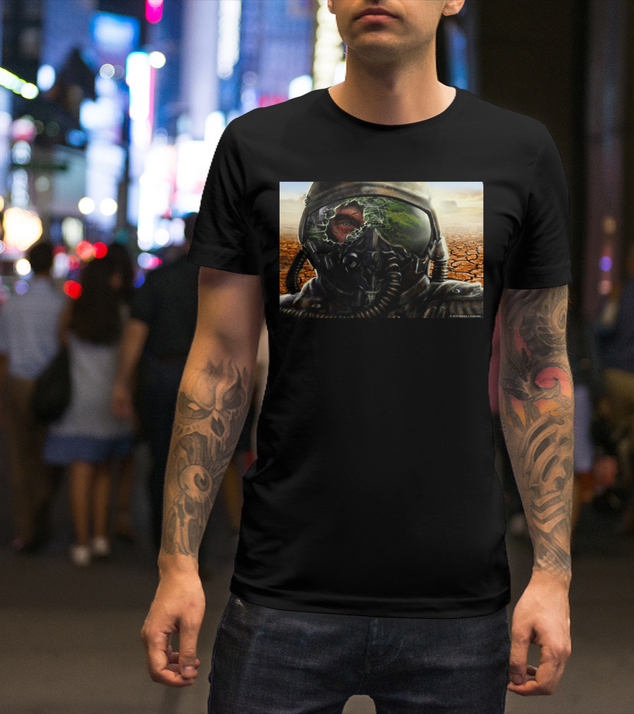 Aftermath Cracked Helmet Reflection Red Eye Desolate Landscape T-Shirt