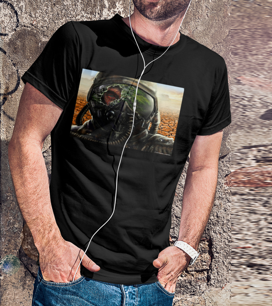 Aftermath Cracked Helmet Reflection Red Eye Desolate Landscape T-Shirt