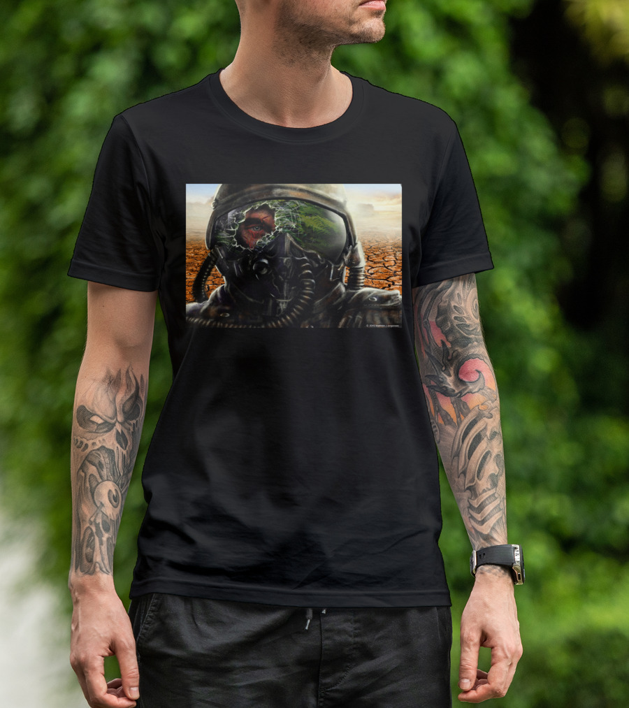 Aftermath Cracked Helmet Reflection Red Eye Desolate Landscape T-Shirt