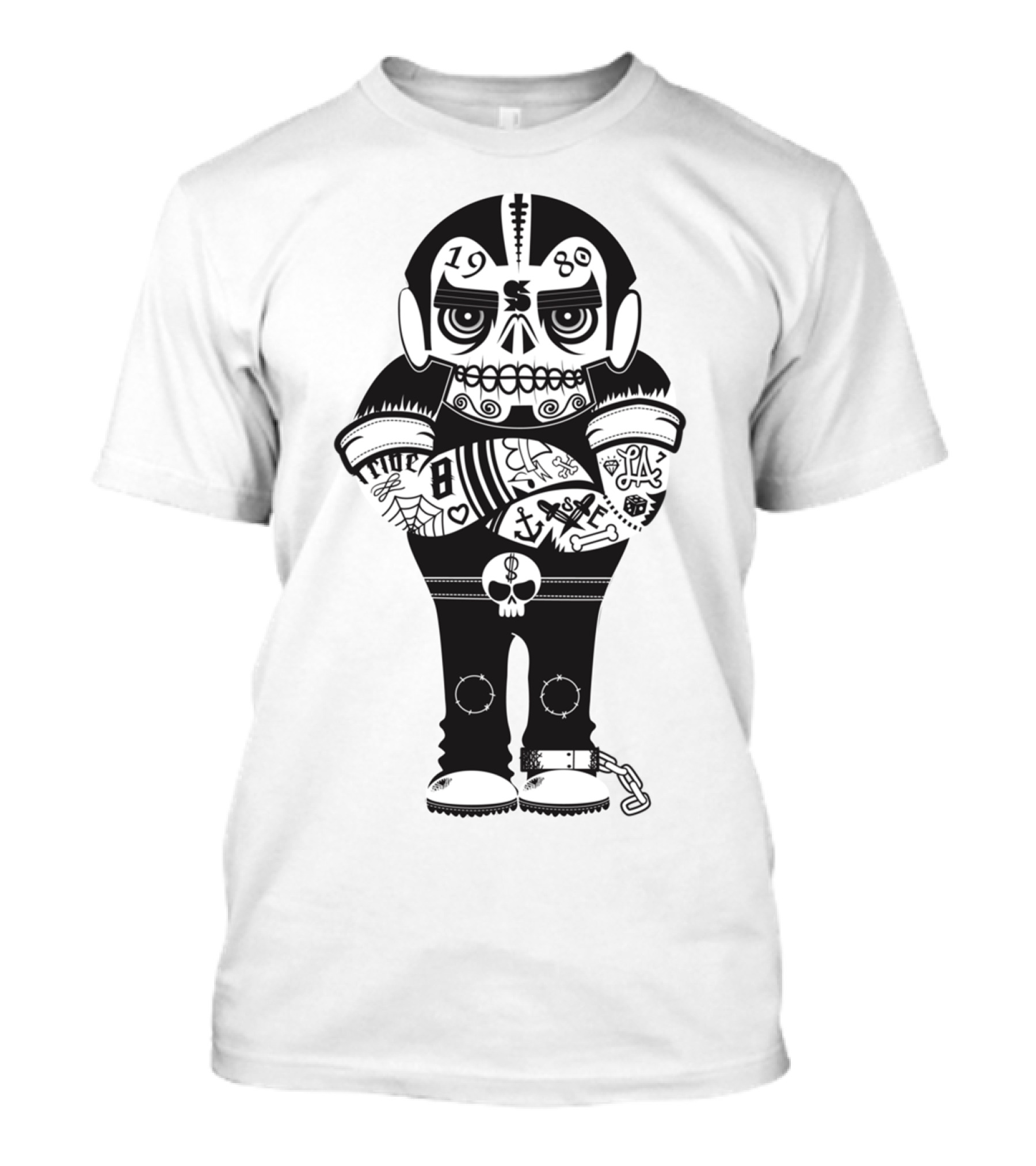 1980 Tattooed Skull Character With Chains And Symbols T-Shirt