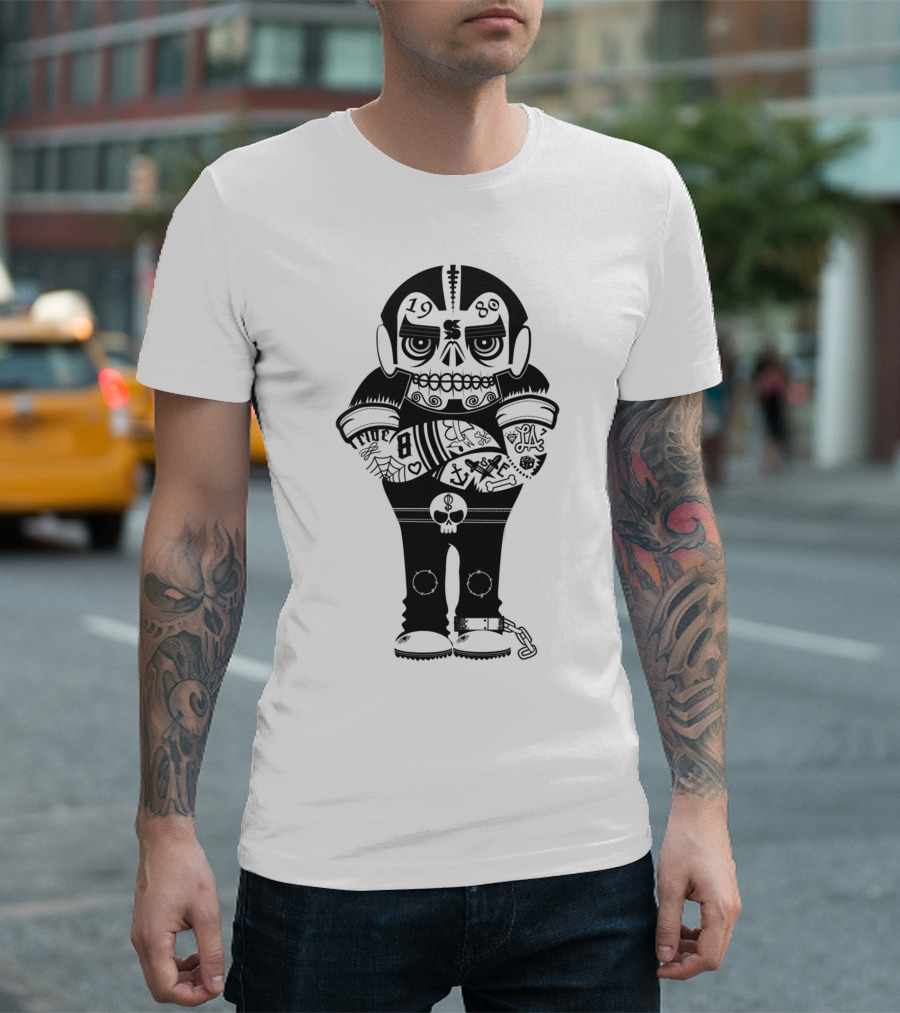 1980 Tattooed Skull Character With Chains And Symbols T-Shirt