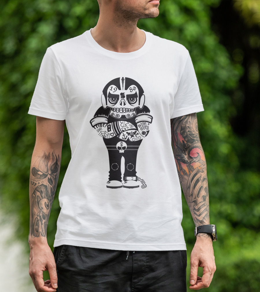 1980 Tattooed Skull Character With Chains And Symbols T-Shirt