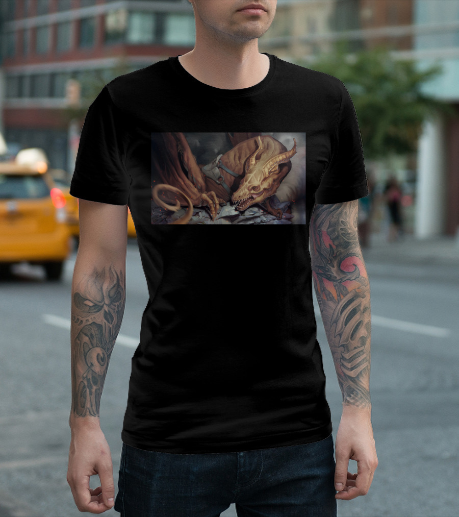 Golden Horn Demon Creature Fantasy Art In Dark Landscape T-Shirt