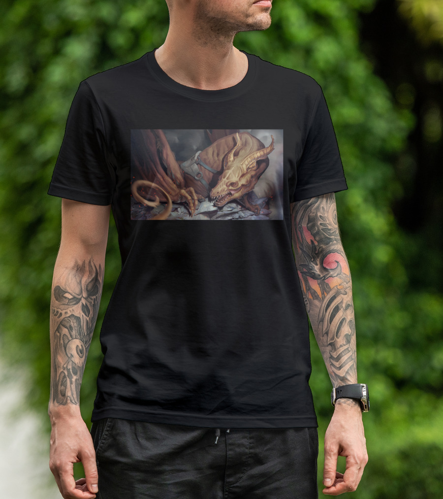Golden Horn Demon Creature Fantasy Art In Dark Landscape T-Shirt