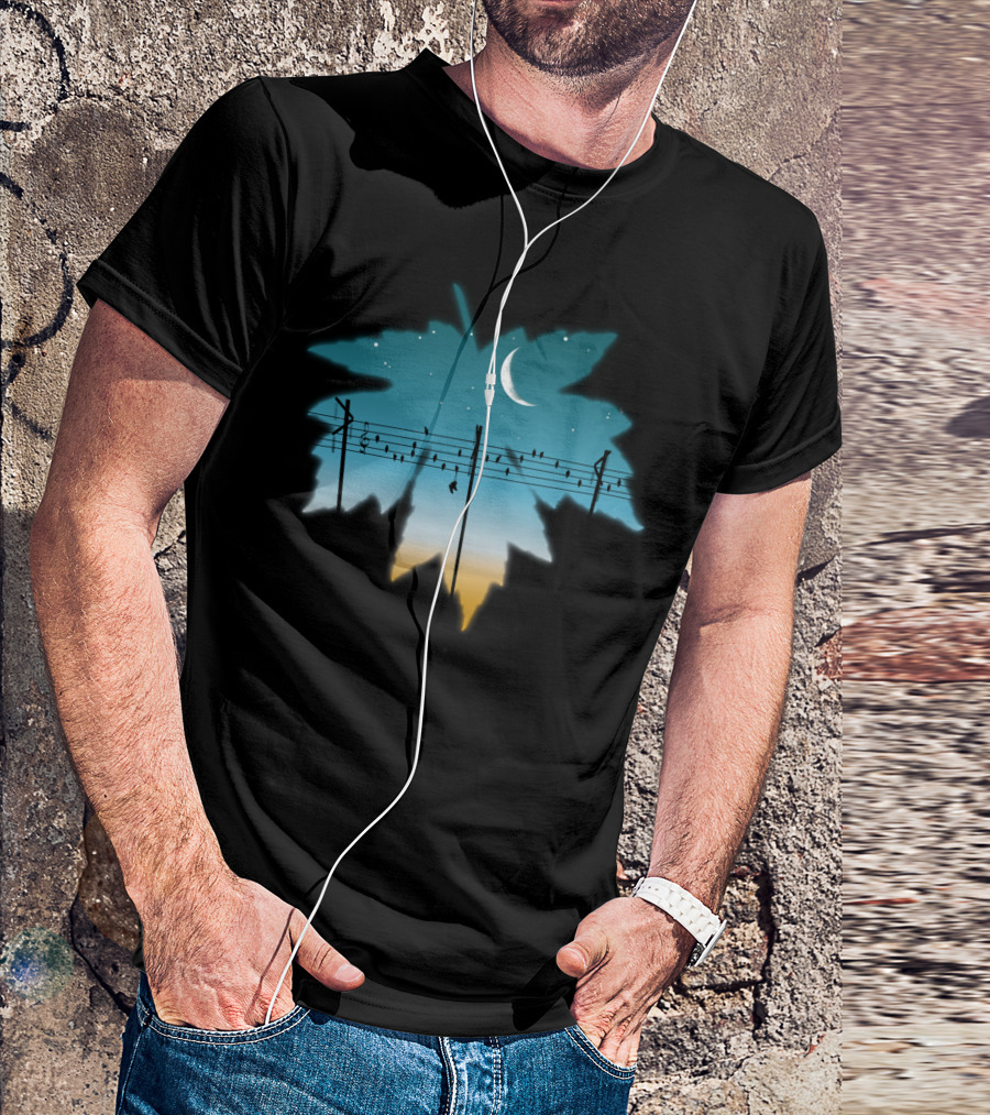 Autumnal Sonata Crescent Moon Night Sky Leaf Birds On Wire T-Shirt