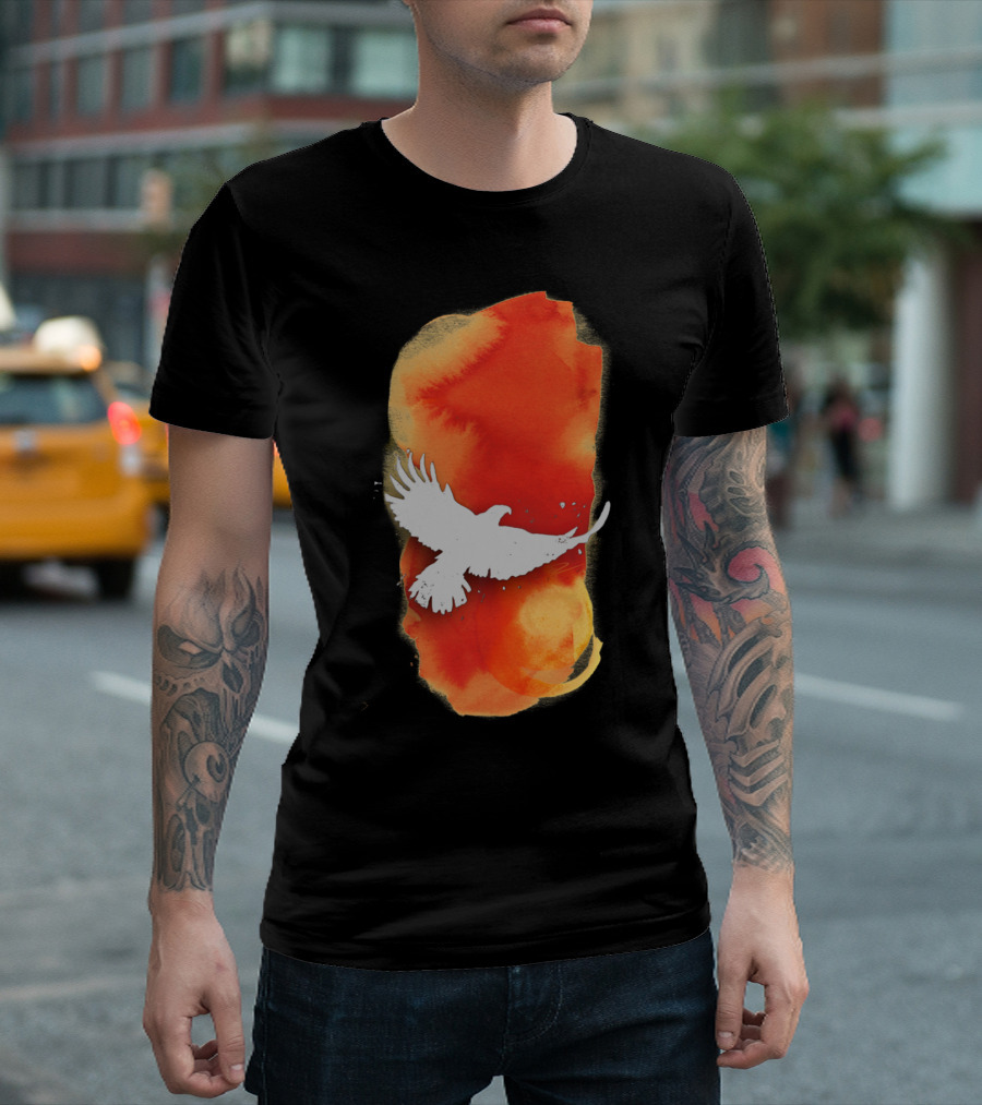 Eagle Solstice Soaring Over Vibrant Orange Watercolor Brushstroke T-Shirt