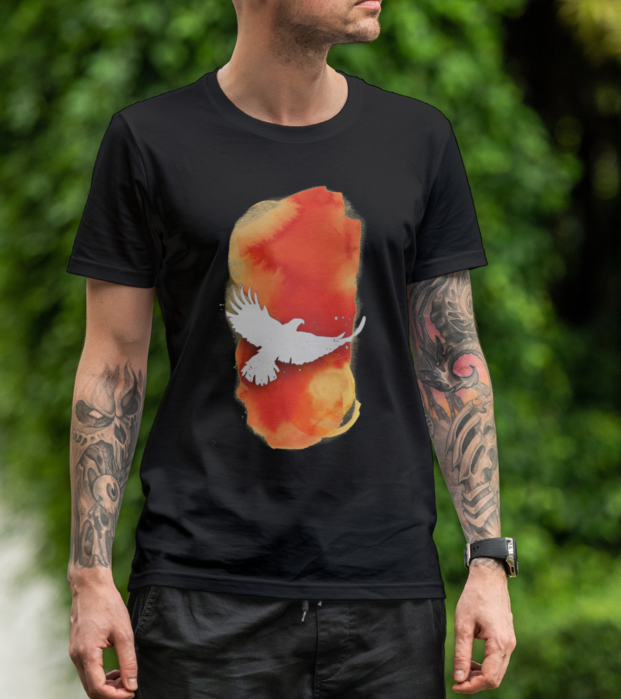 Eagle Solstice Soaring Over Vibrant Orange Watercolor Brushstroke T-Shirt