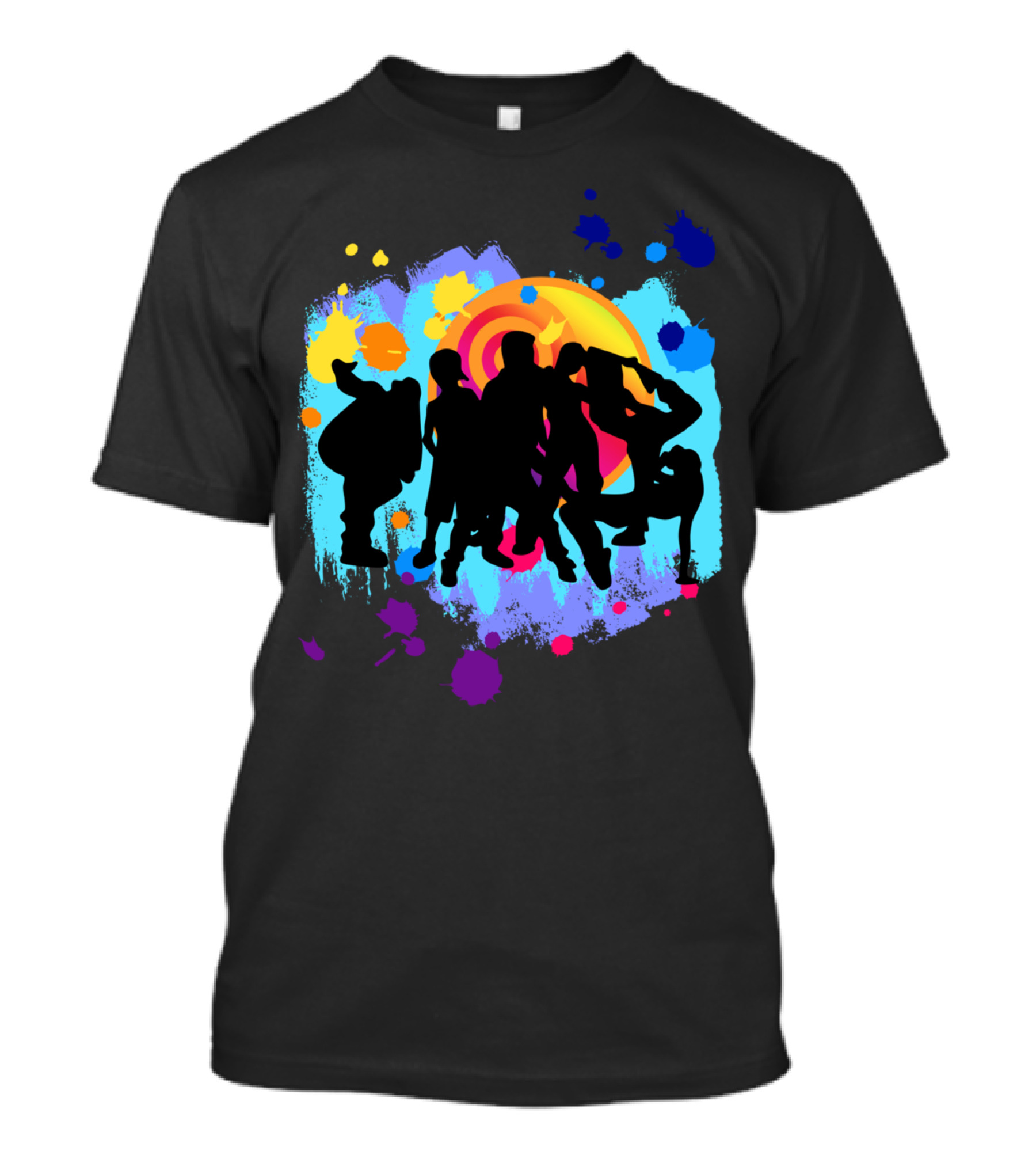 Dance Crew Silhouette With Colorful Splashes And Swirl Background T-Shirt