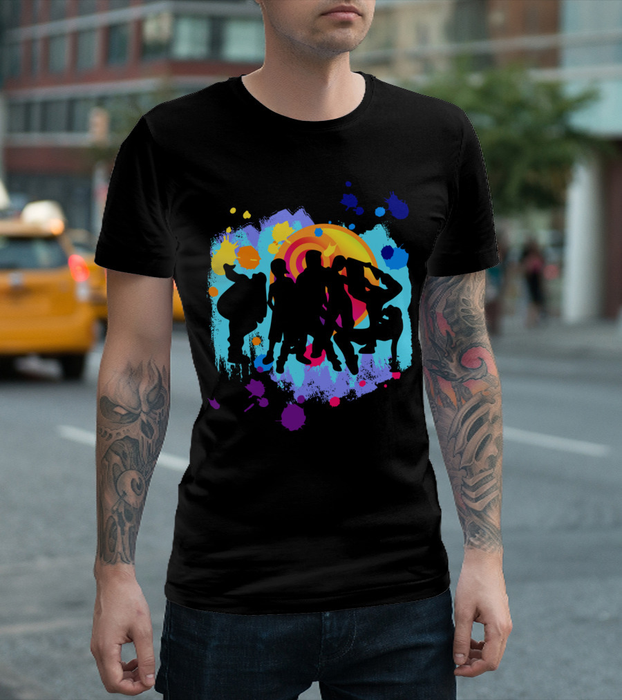Dance Crew Silhouette With Colorful Splashes And Swirl Background T-Shirt