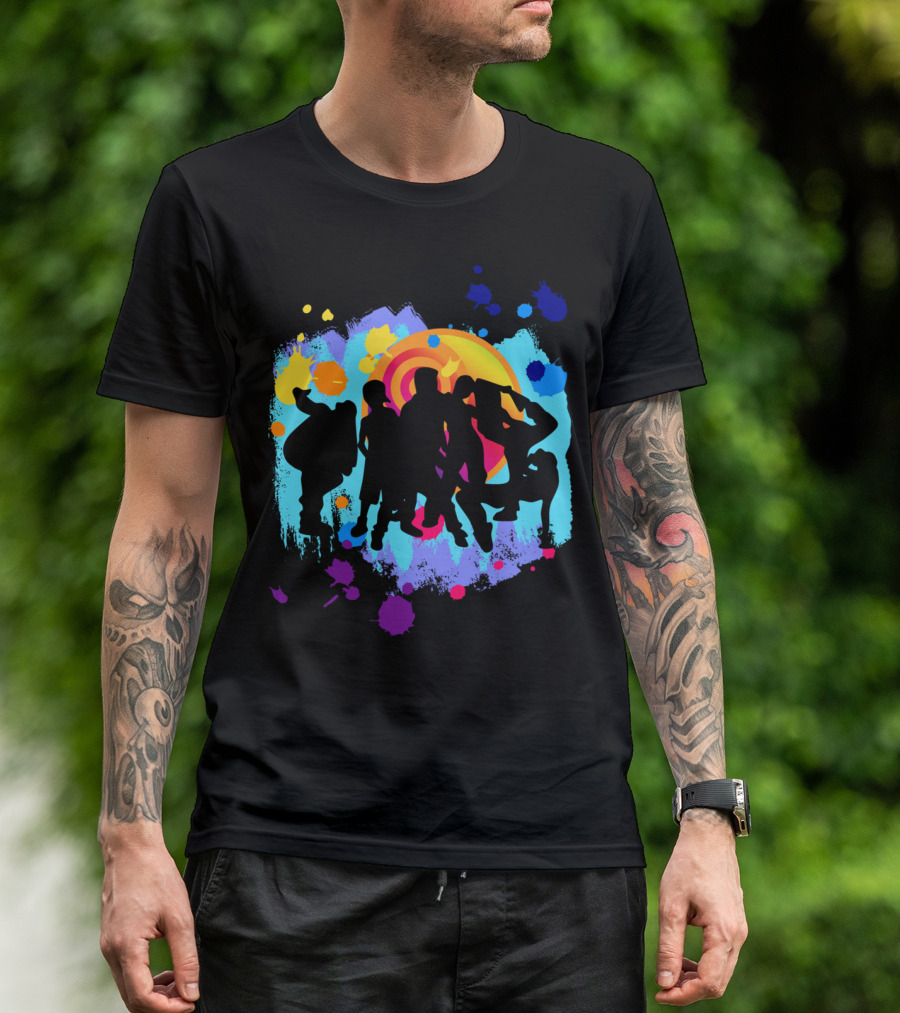 Dance Crew Silhouette With Colorful Splashes And Swirl Background T-Shirt