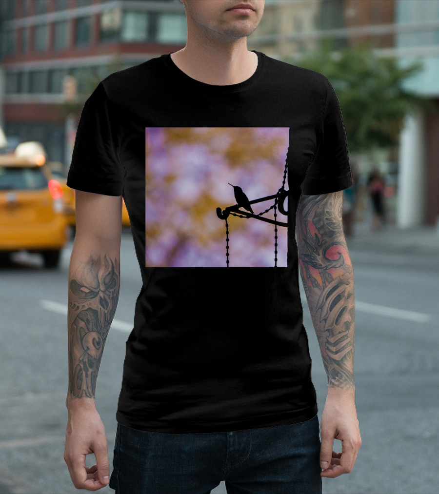 The Visitor Silhouette Bird on Chain Perch with Soft Nature Background T-Shirt