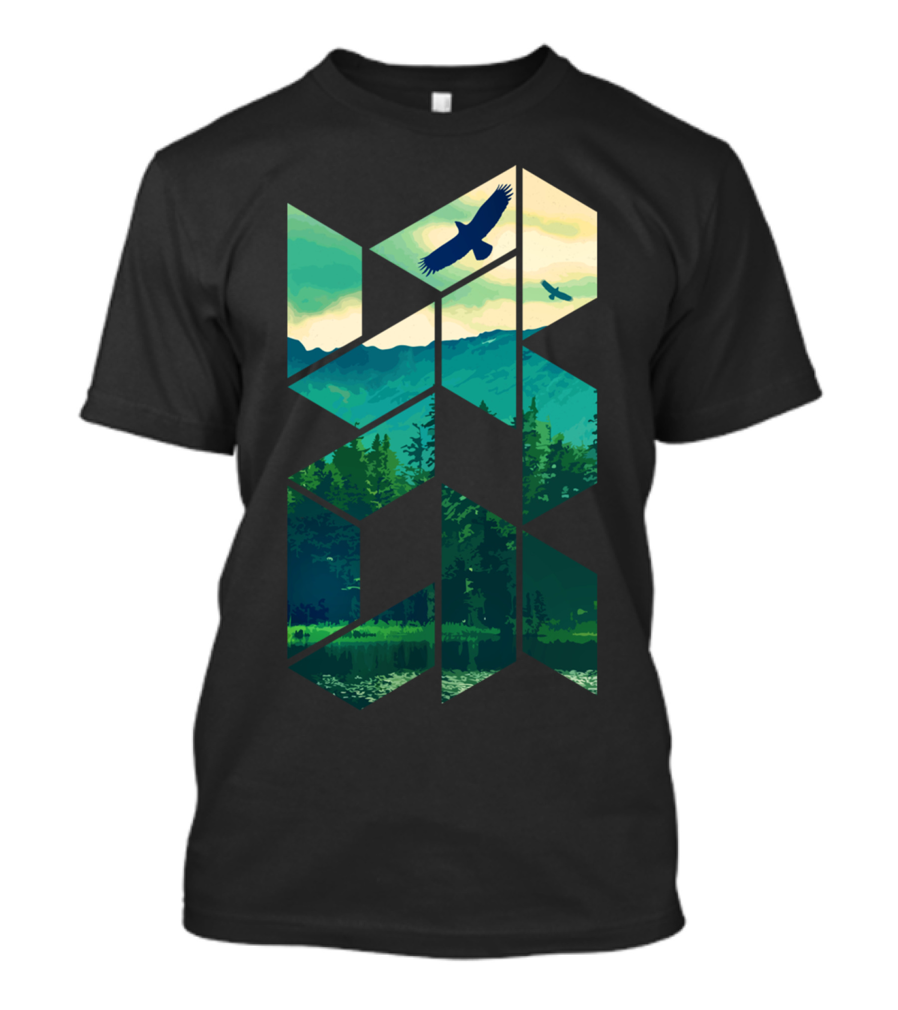 Eagles Soaring Above Pines Forest Lake Scenic Geometric T-Shirt