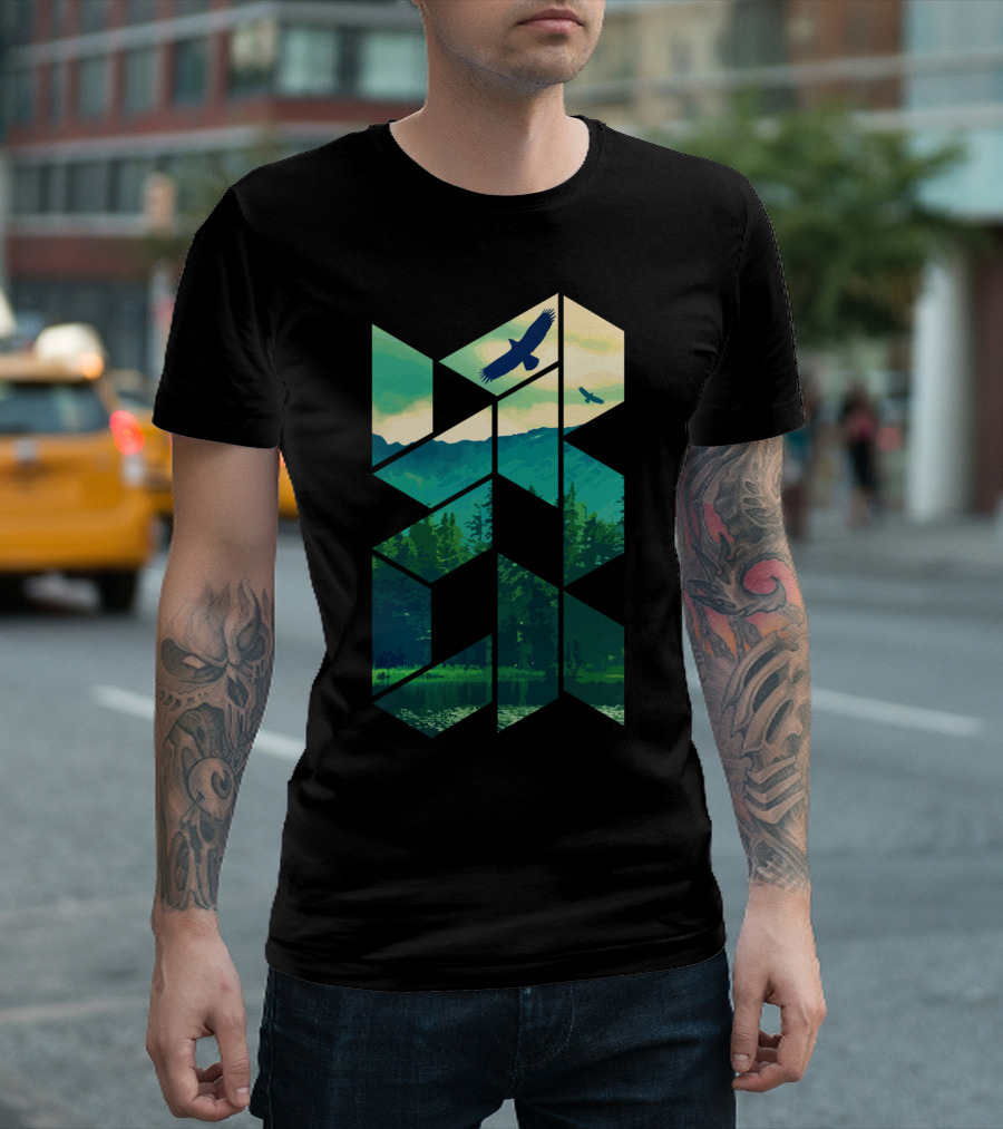 Eagles Soaring Above Pines Forest Lake Scenic Geometric T-Shirt
