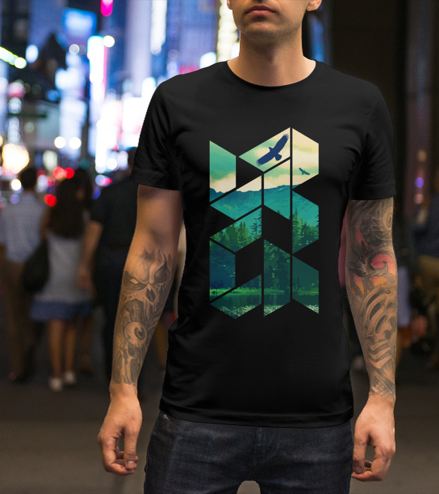 Eagles Soaring Above Pines Forest Lake Scenic Geometric T-Shirt