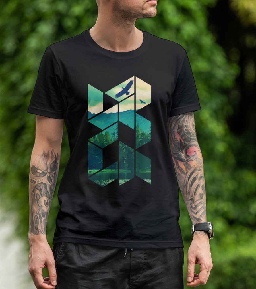 Eagles Soaring Above Pines Forest Lake Scenic Geometric T-Shirt