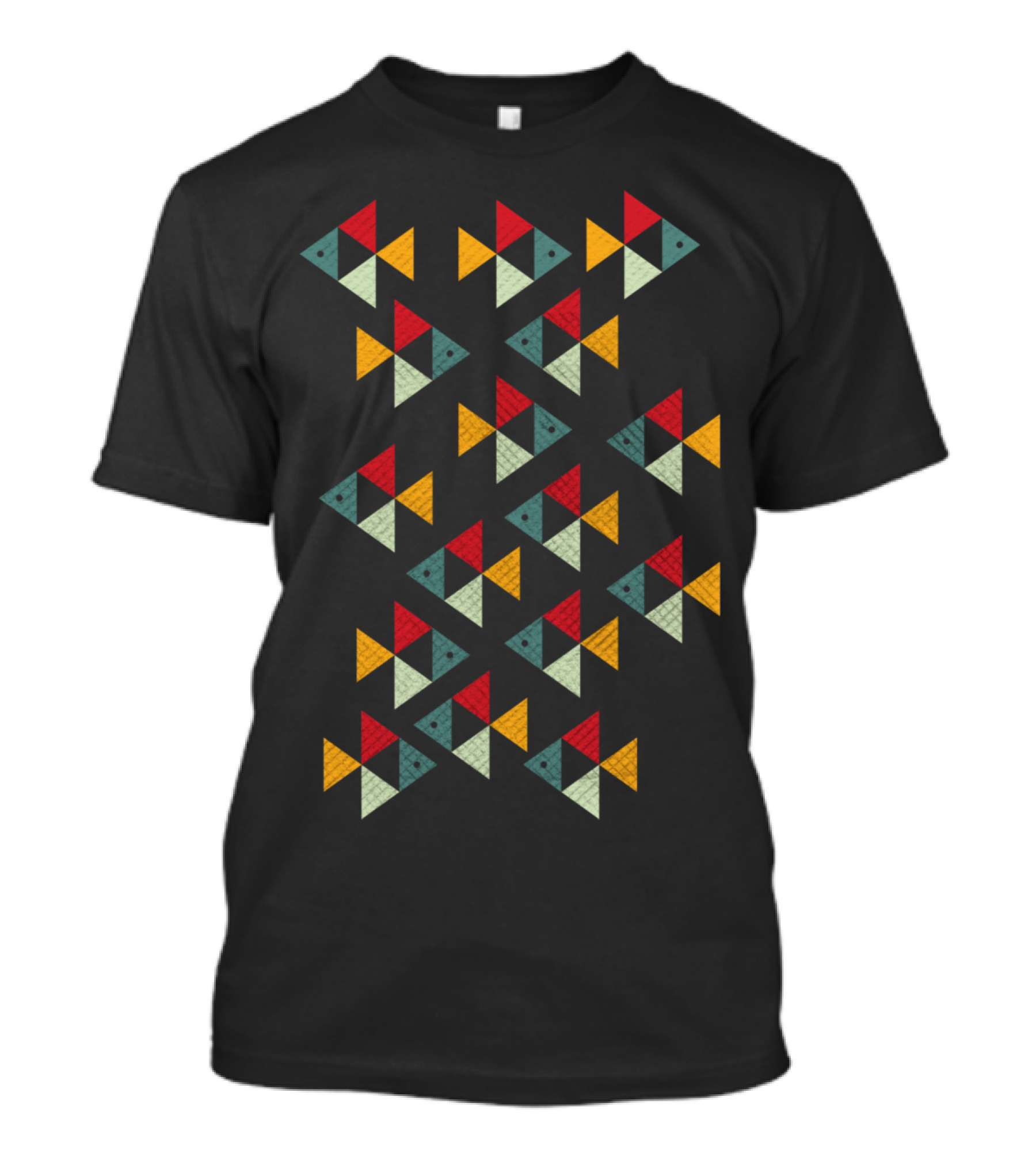 Geometric Triangle Fish Pattern In Red, Yellow, And Green T-Shirt