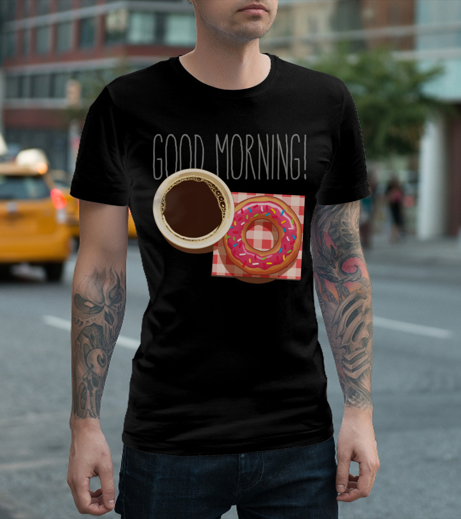 Good Morning Coffee and Donut Breakfast Checkerboard T-Shirt