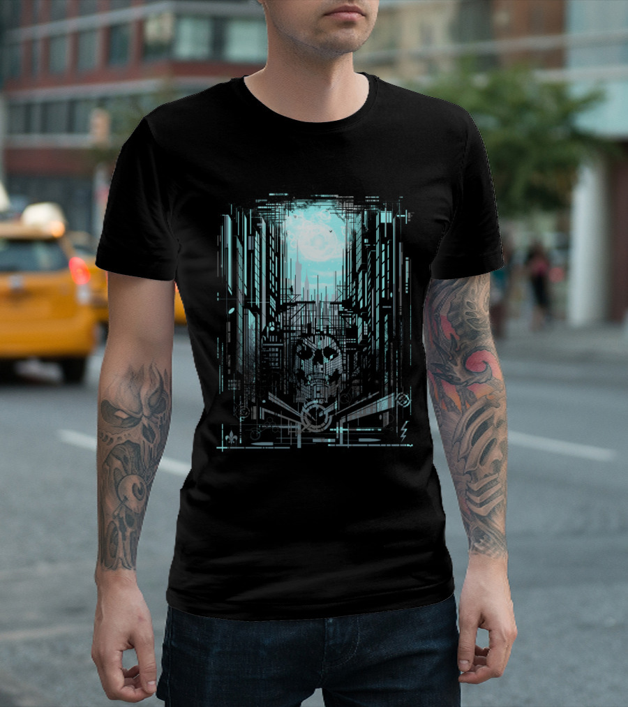 There Is No Such Place Cyberpunk Cityscape with Geometric Skull T-Shirt