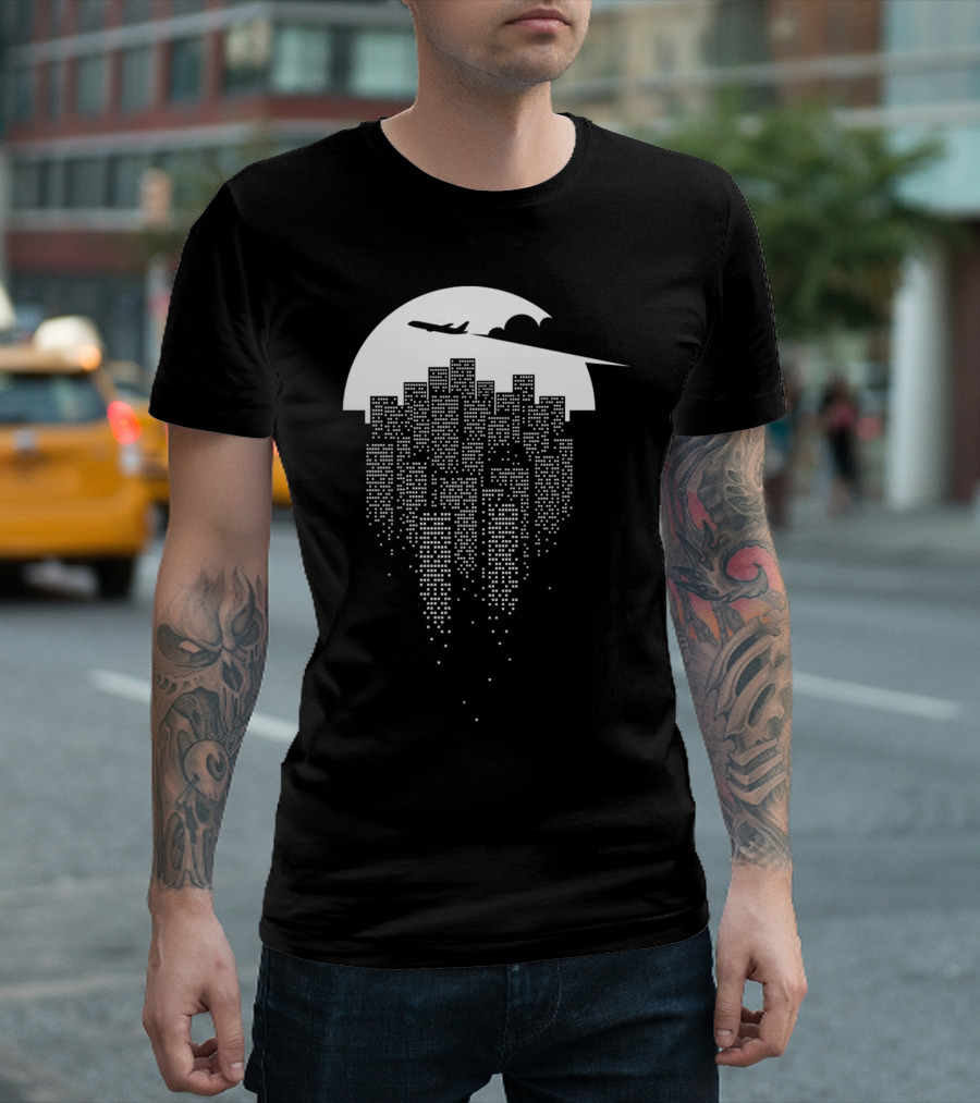 Goodbye Cityscape with Airplane and Moon T-Shirt