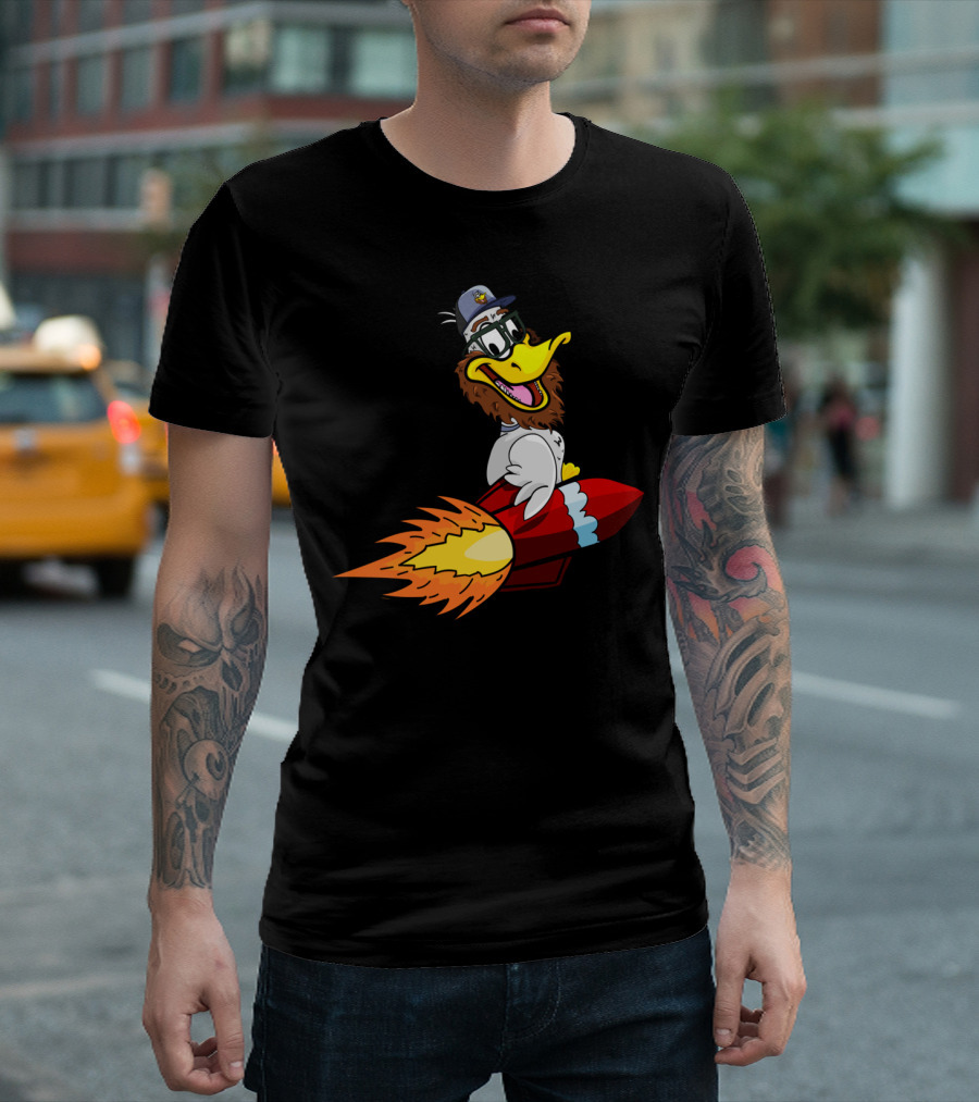 Goosie Express Rocket Rider Cartoon Duck with Glasses and Hat T-Shirt
