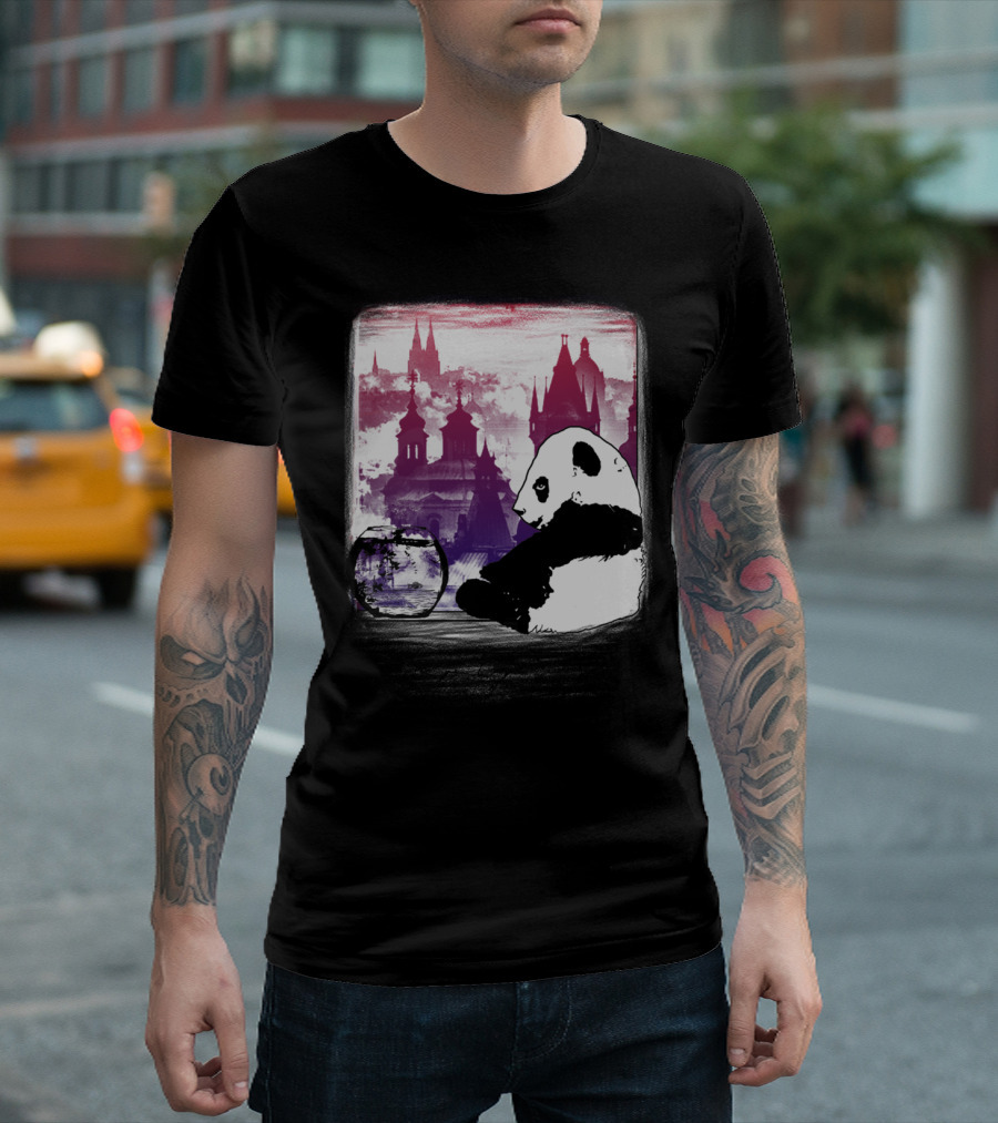Preserve The Panda in a Mystical Cityscape with Fish Bowl T-Shirt
