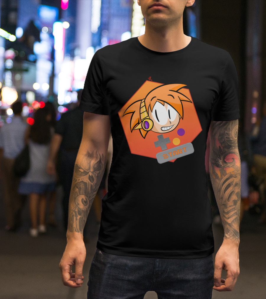 Press Start Retro Gamer Icon With Cartoon Orange Hair And Game Controller Buttons T-Shirt