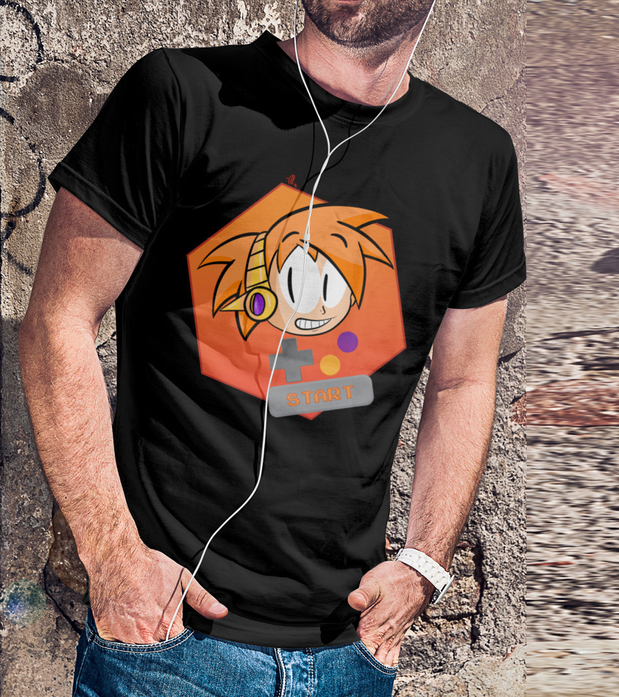 Press Start Retro Gamer Icon With Cartoon Orange Hair And Game Controller Buttons T-Shirt