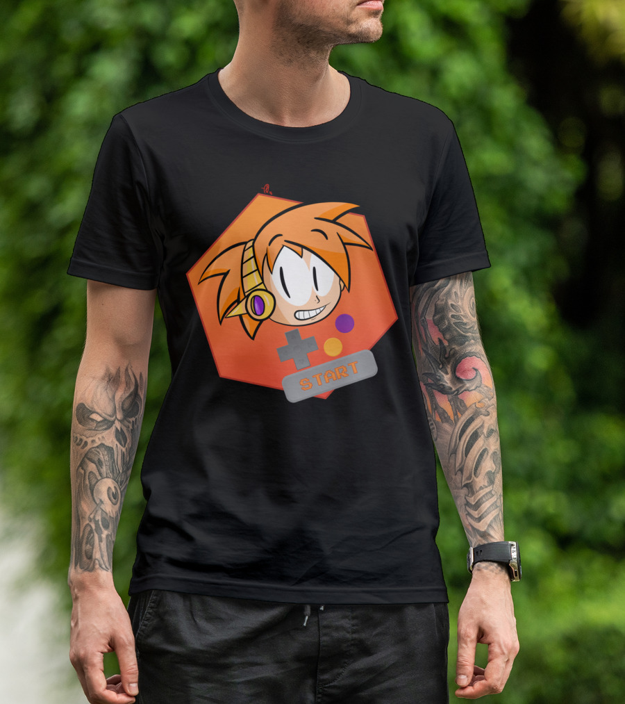 Press Start Retro Gamer Icon With Cartoon Orange Hair And Game Controller Buttons T-Shirt