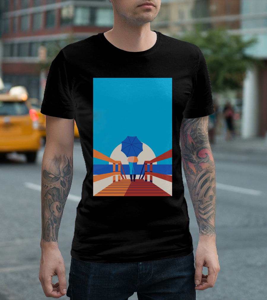 Ease Into Autumn with Blue Umbrella on Wooden Walkway T-Shirt