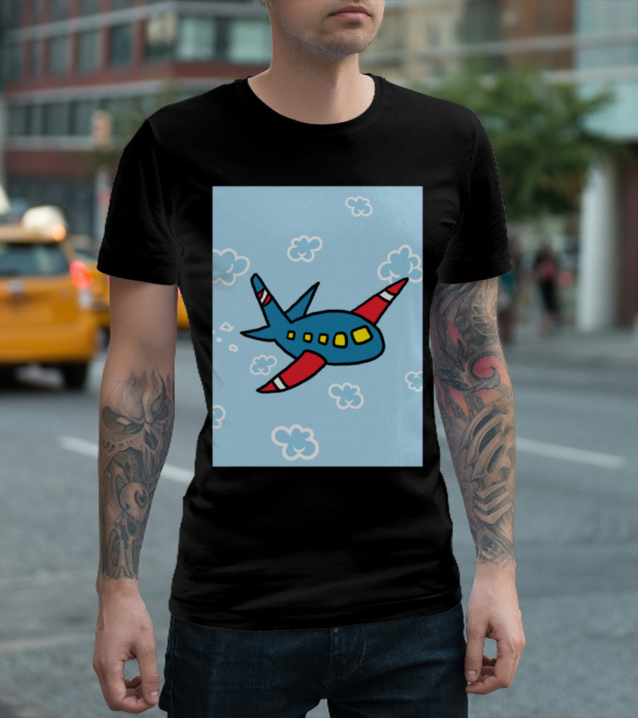 Airplane Cartoon with Clouds and Blue Sky Background T-Shirt