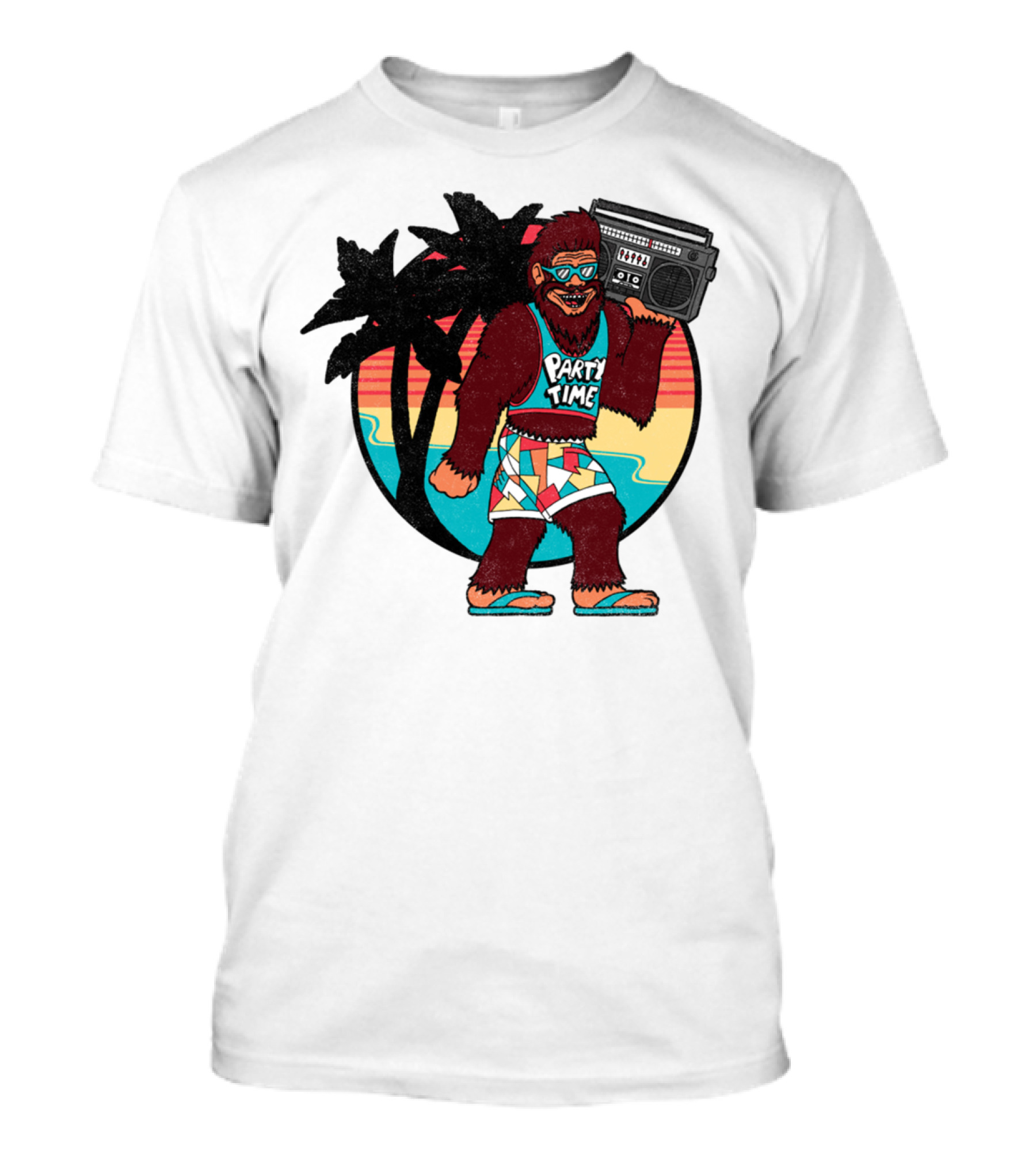 Party Time Bigfoot With Boombox And Palm Trees T-Shirt