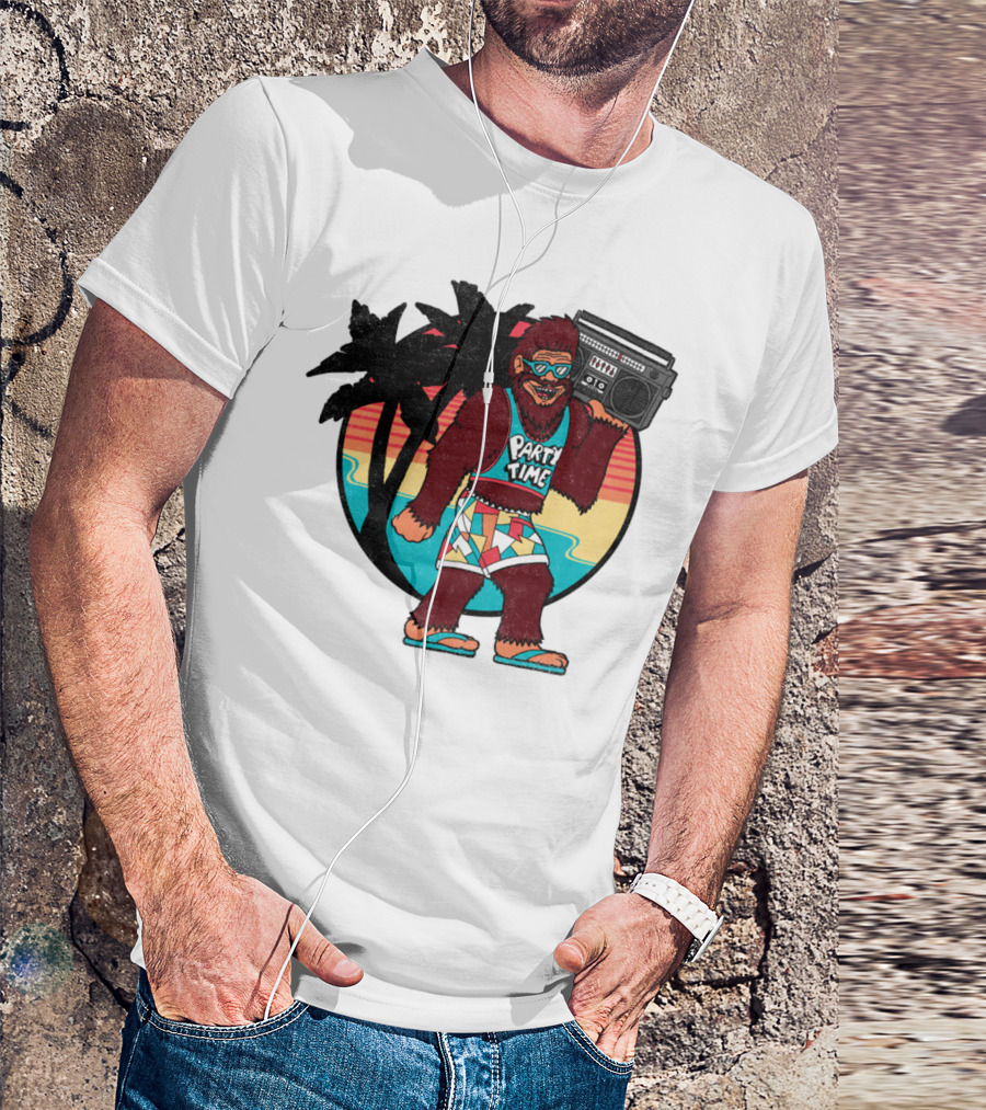 Party Time Bigfoot With Boombox And Palm Trees T-Shirt