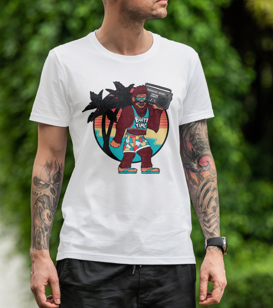 Party Time Bigfoot With Boombox And Palm Trees T-Shirt