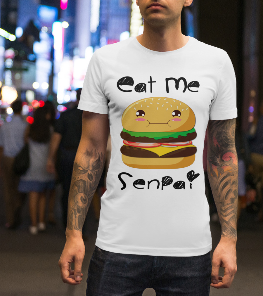 Eat Me Senpai Cute Kawaii Burger Face With Blush T-Shirt