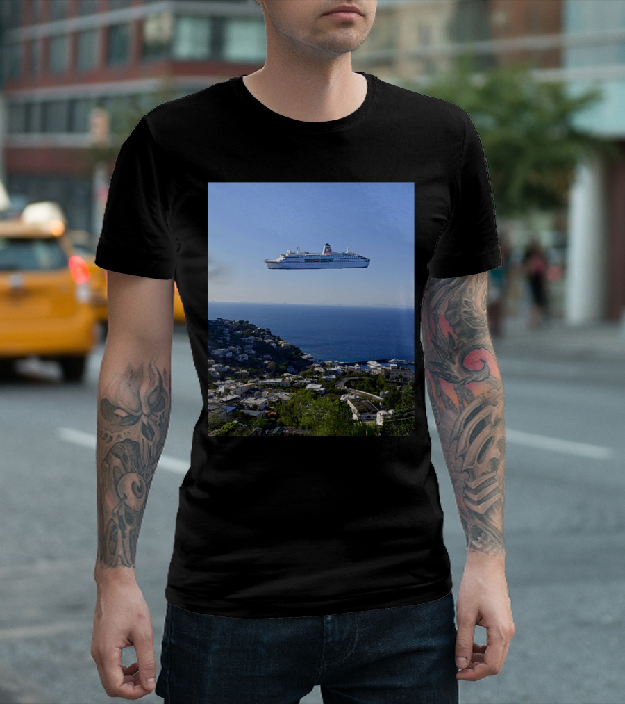 Alarm Floating Cruise Ship Over Coastal Town T-Shirt