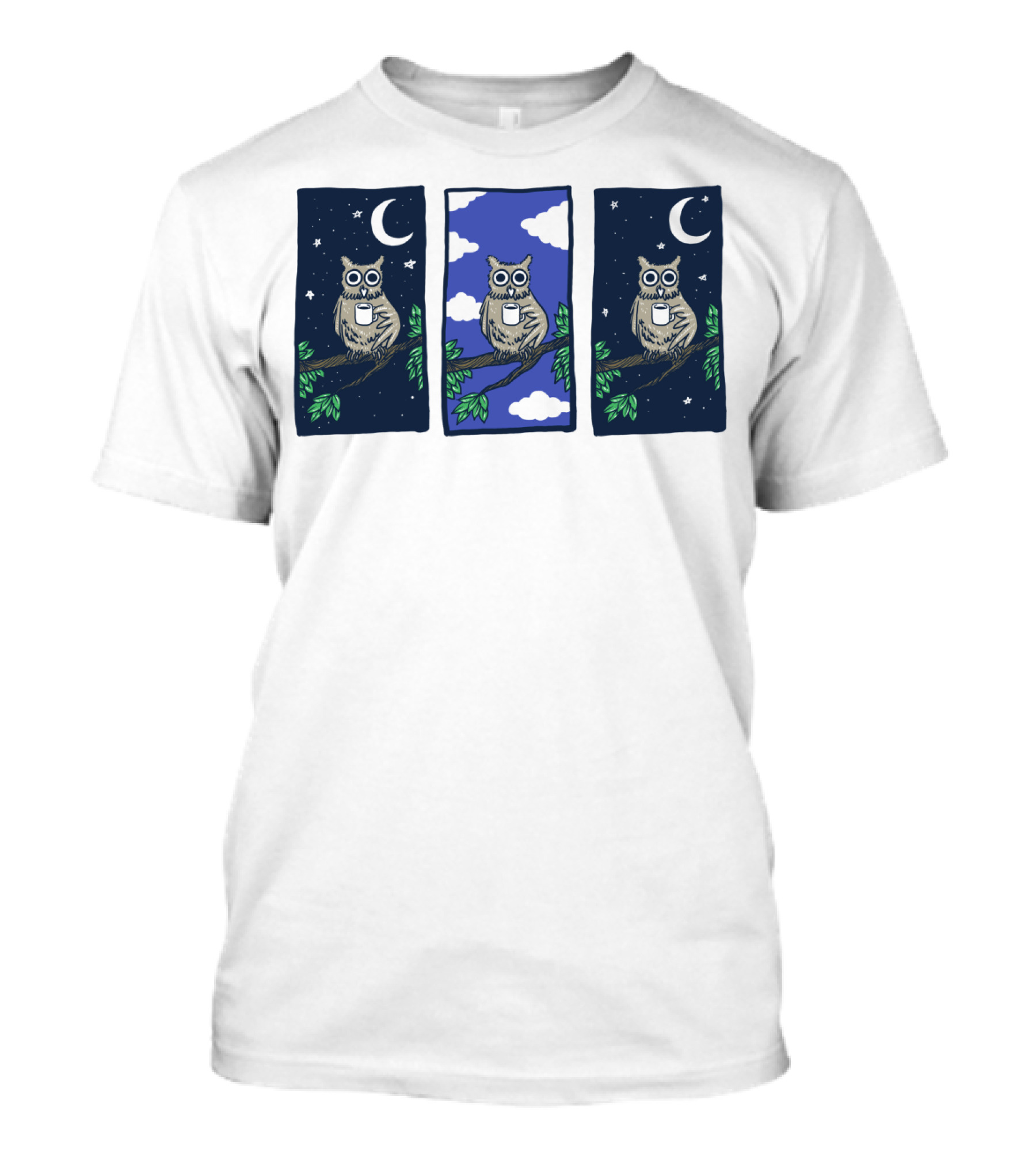 Owls On Branches Under Moon With Coffee Mug And Clouds T-Shirt