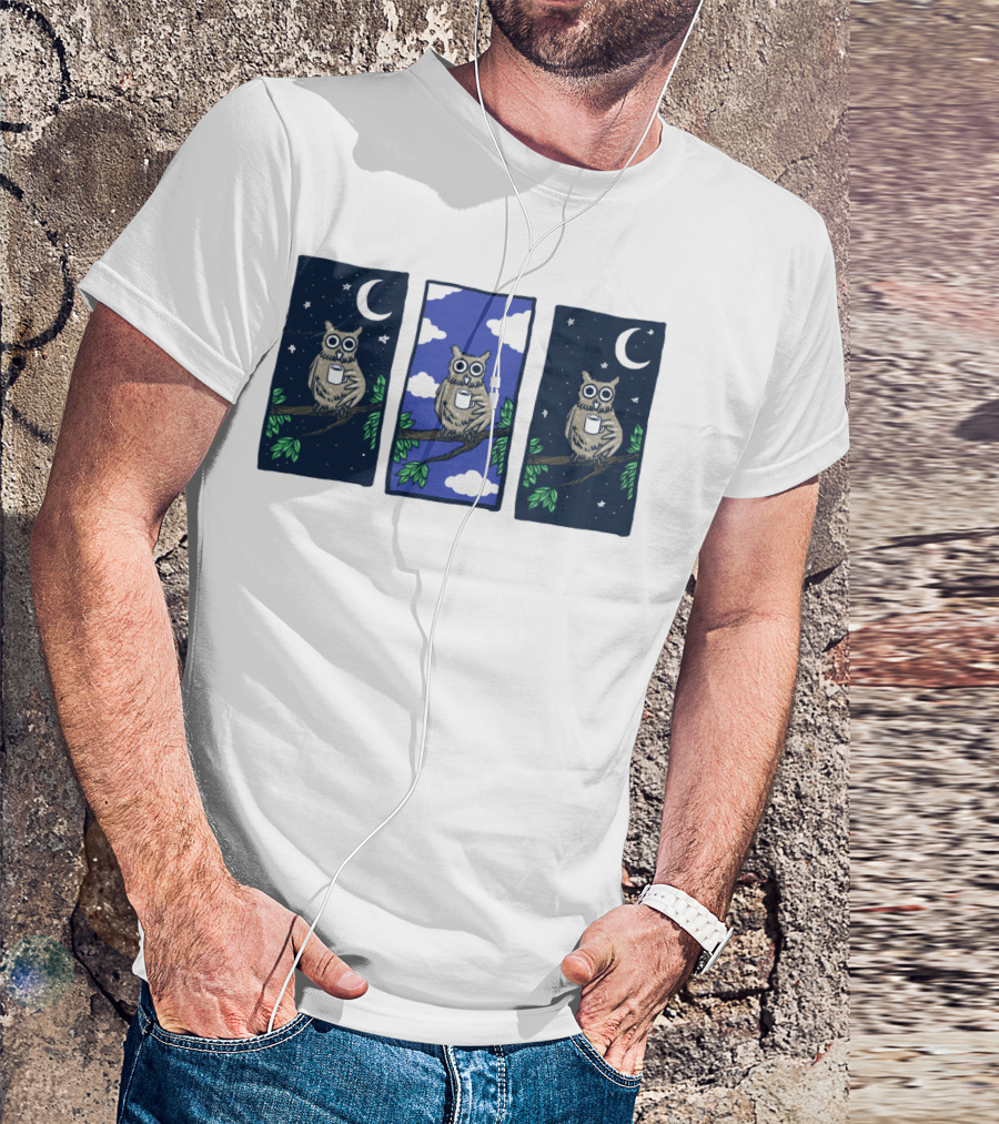 Owls On Branches Under Moon With Coffee Mug And Clouds T-Shirt