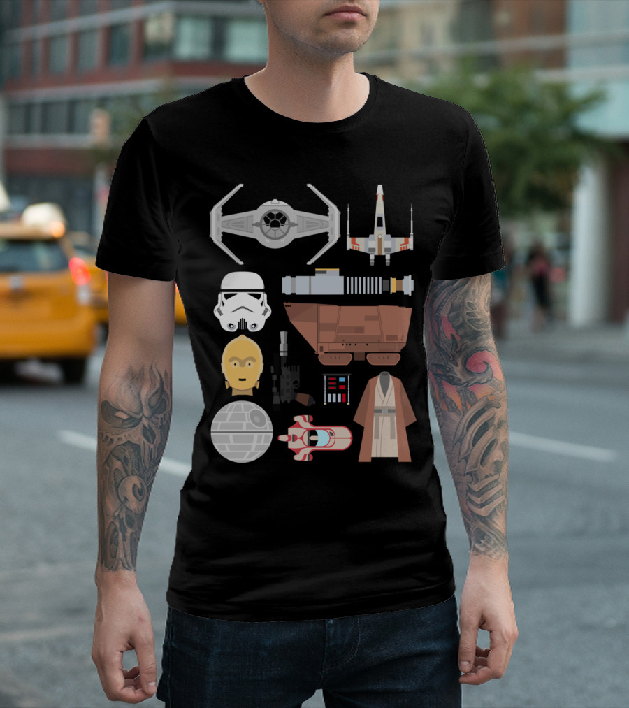 Star Wars Essentials Iconic Symbols Collection With TIE Fighter X-Wing Stormtrooper C-3PO Lightsaber Sandcrawler Death Star Landspeeder Jedi Robe T-Sh