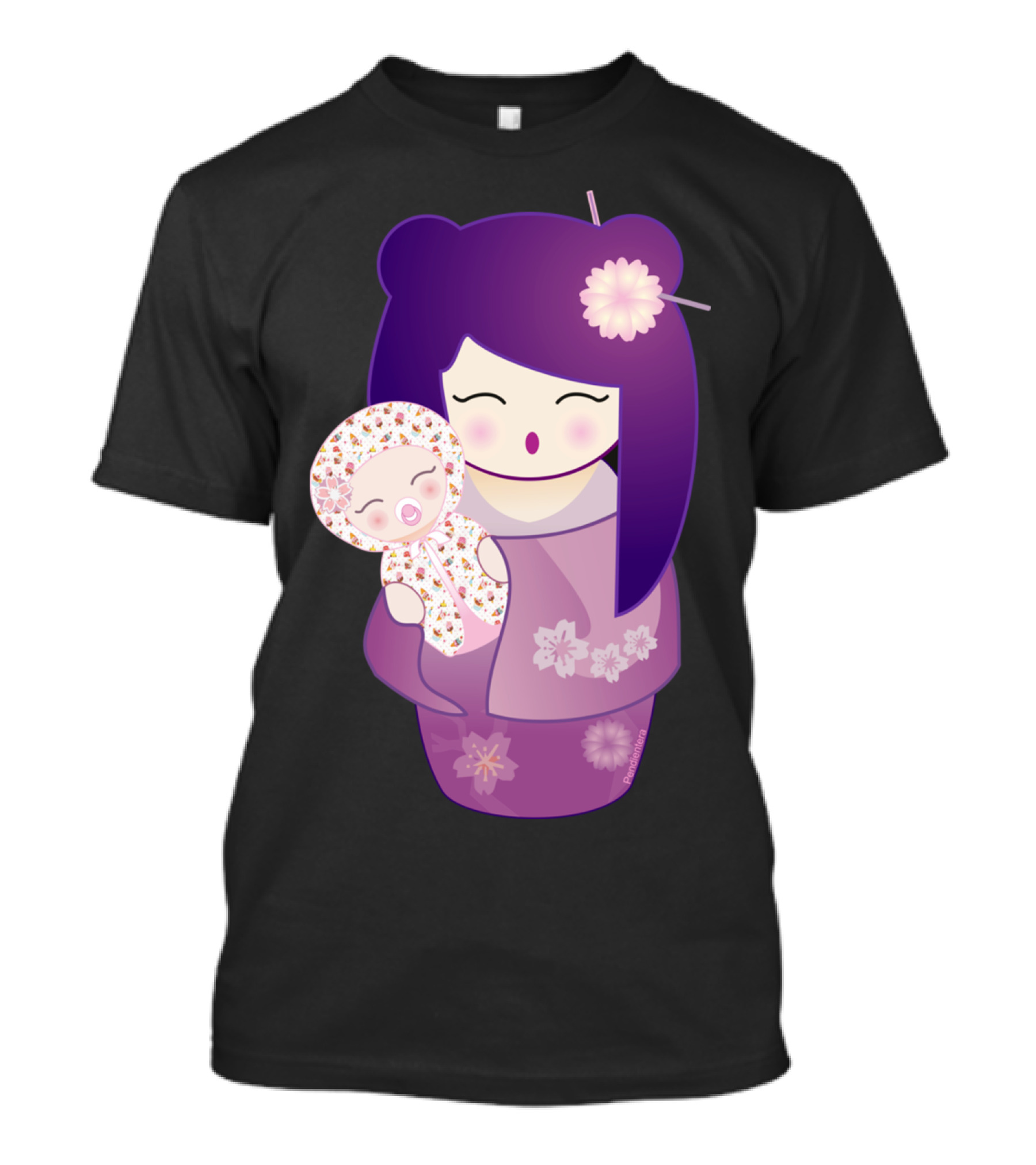 Kokeshi Doll Mother And Baby In Floral Kimono T-Shirt