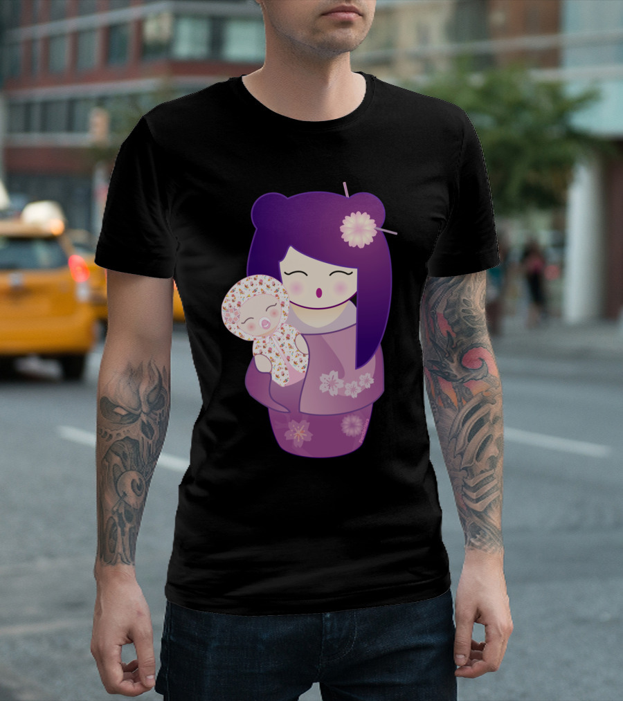 Kokeshi Doll Mother And Baby In Floral Kimono T-Shirt