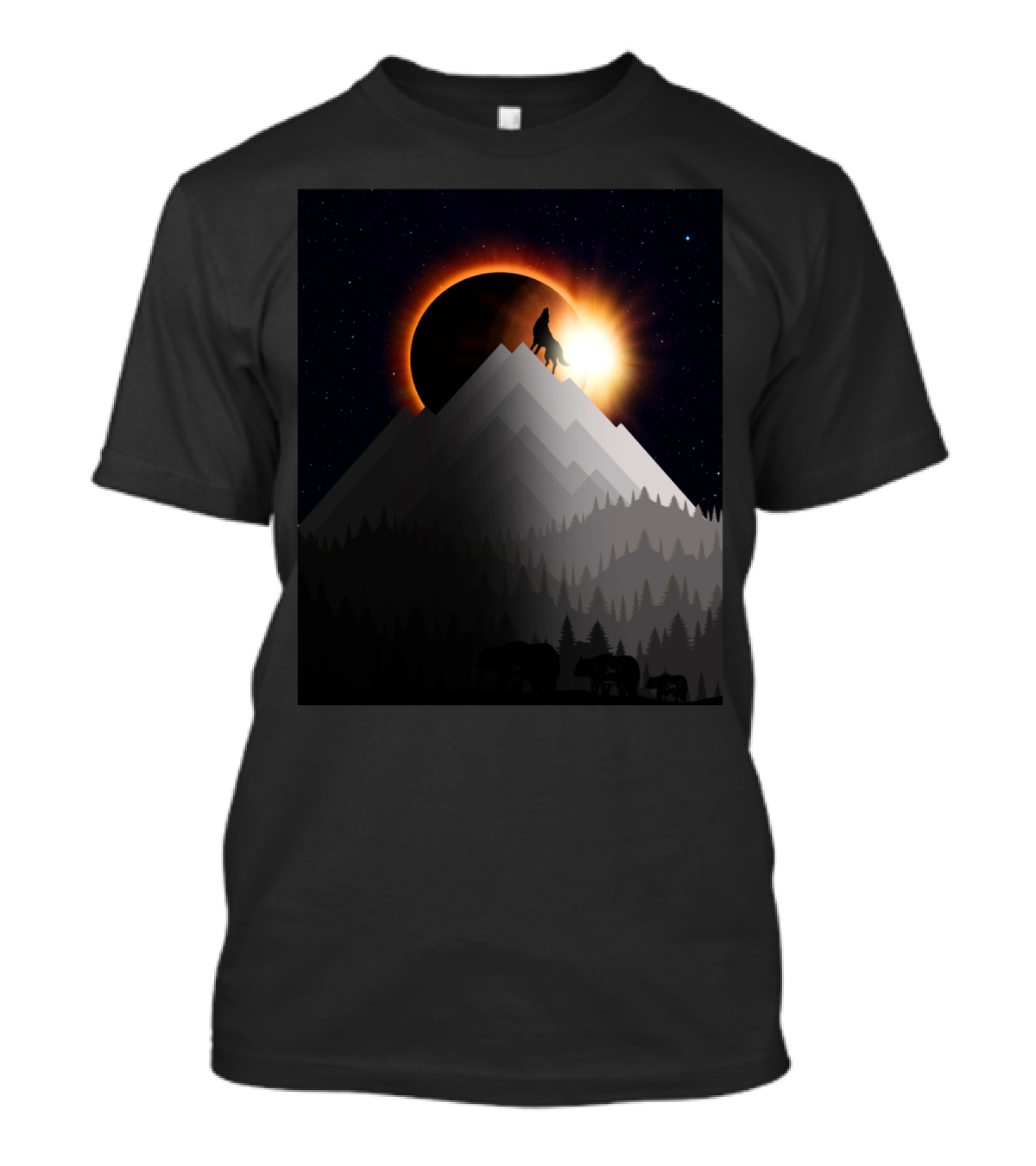 Eclipse Wolf Howling On Mountain With Solar Phenomenon And Forest T-Shirt