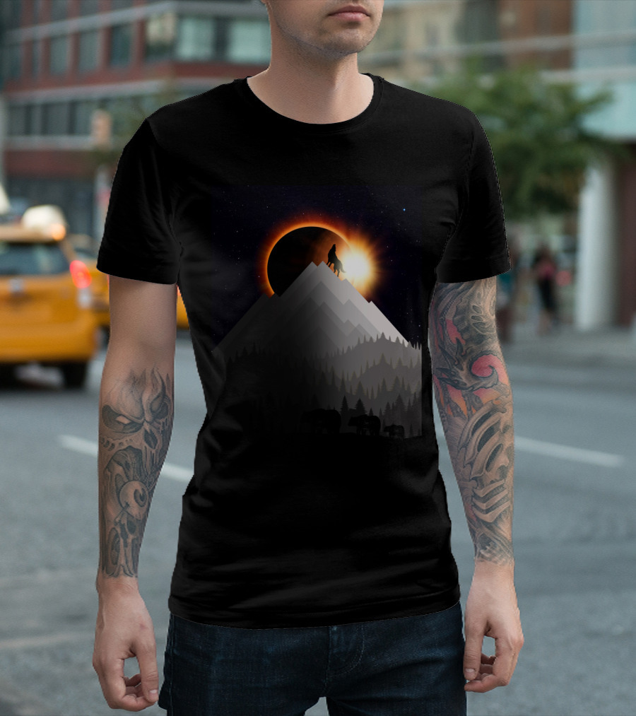 Eclipse Wolf Howling On Mountain With Solar Phenomenon And Forest T-Shirt