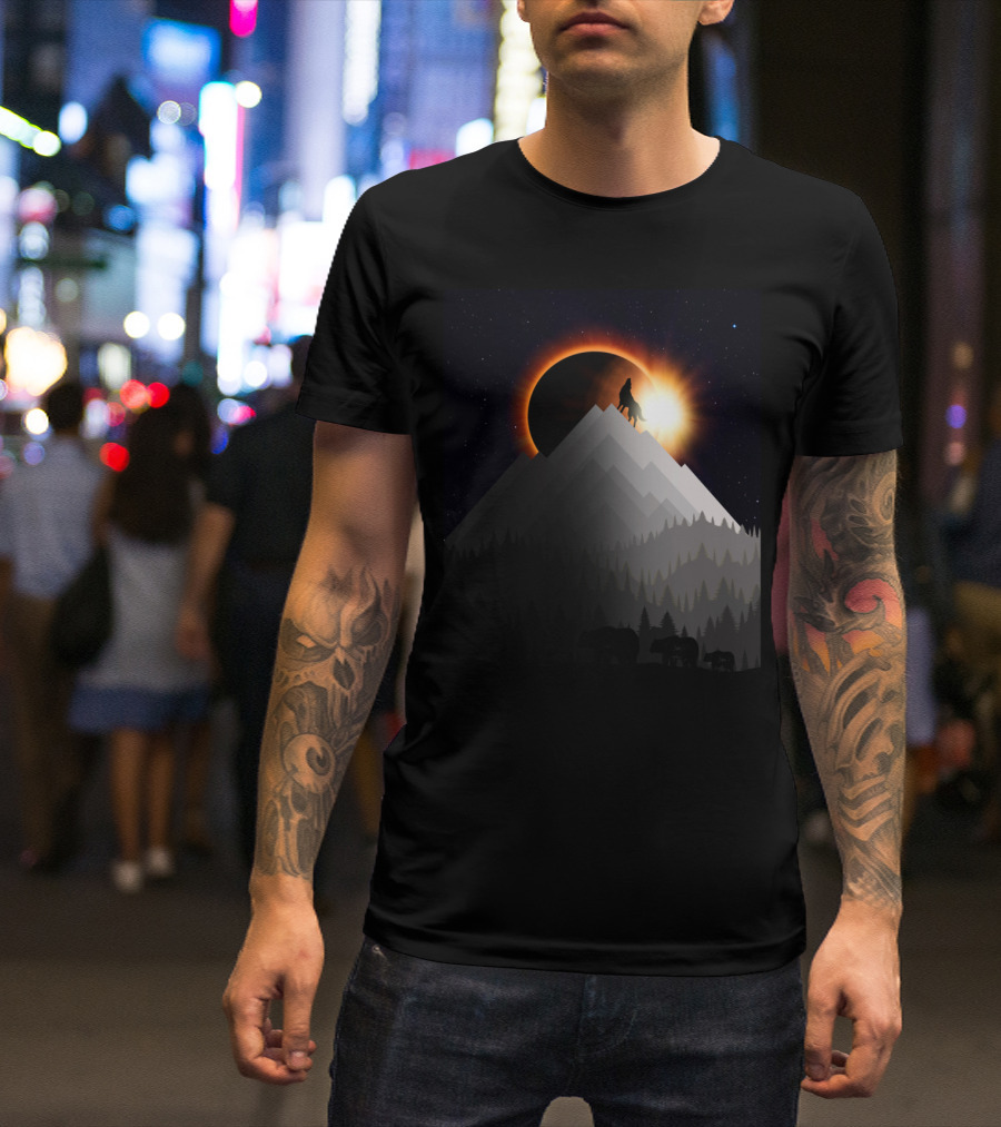 Eclipse Wolf Howling On Mountain With Solar Phenomenon And Forest T-Shirt