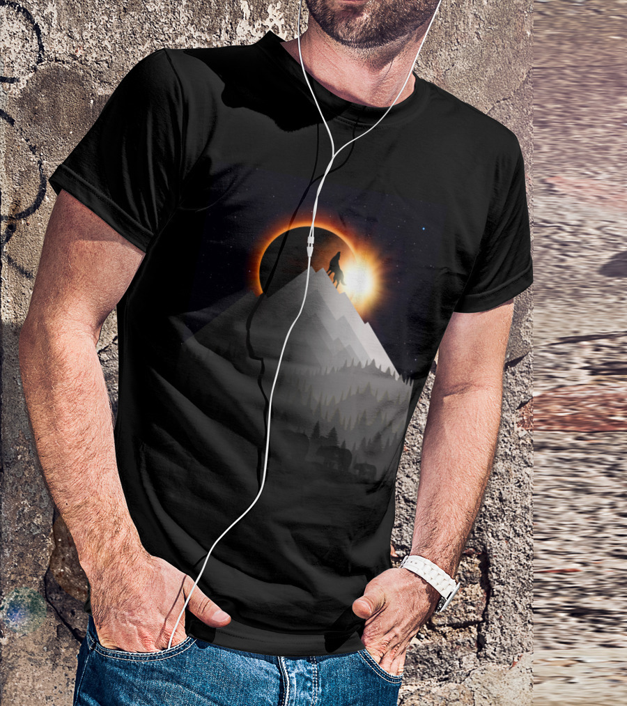 Eclipse Wolf Howling On Mountain With Solar Phenomenon And Forest T-Shirt