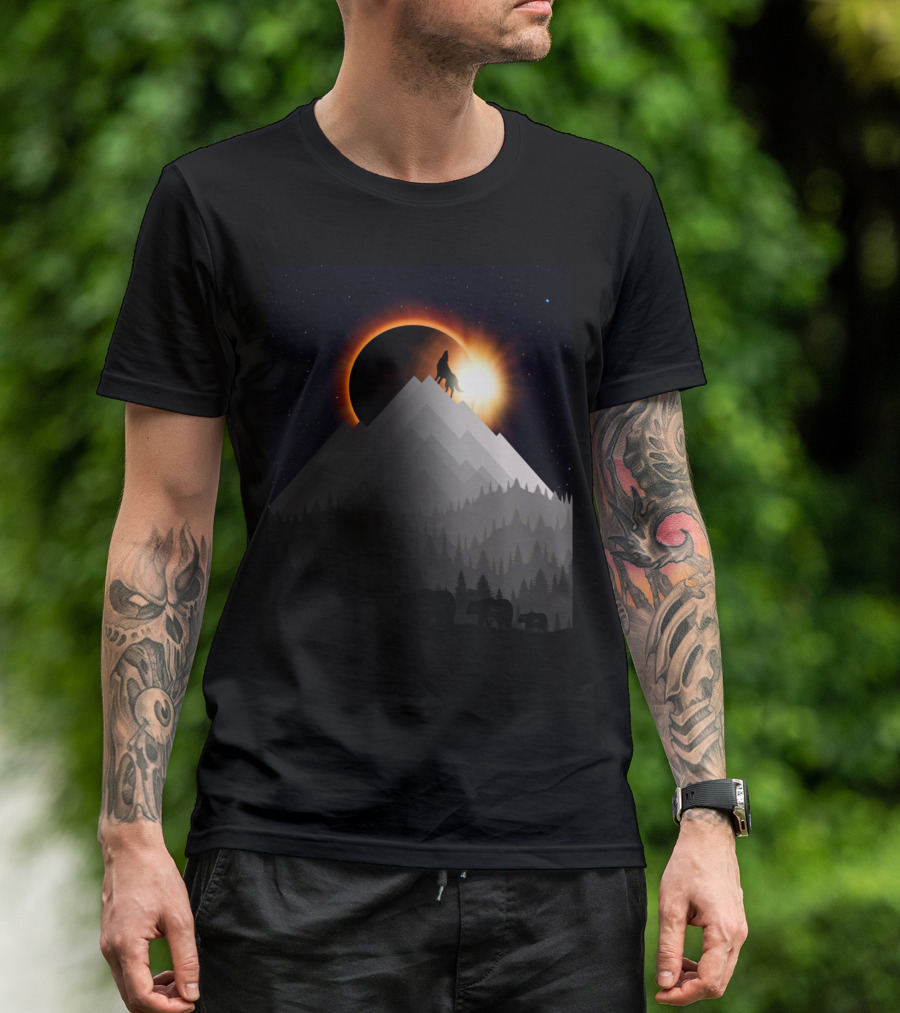 Eclipse Wolf Howling On Mountain With Solar Phenomenon And Forest T-Shirt