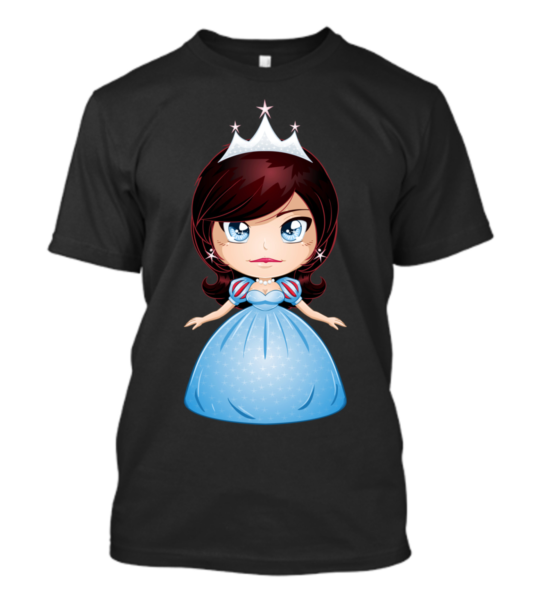 Princess With Black Hair In Blue Gown And Crown T-Shirt