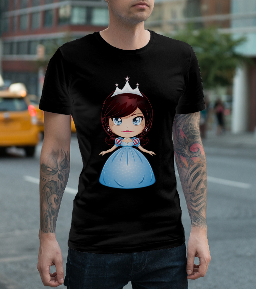 Princess With Black Hair In Blue Gown And Crown T-Shirt
