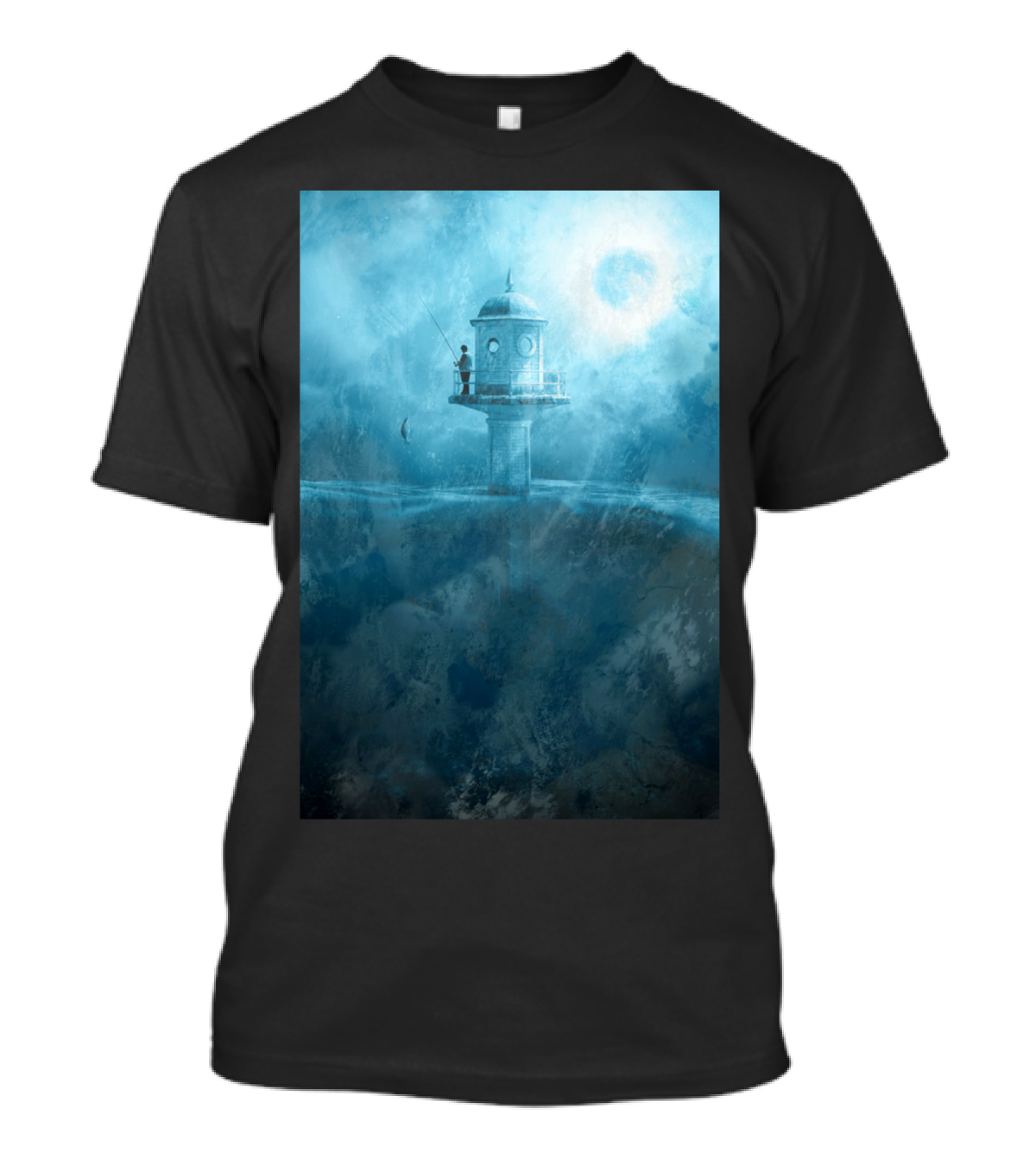 Fish Rising BL Lighthouse Fisherman In Dreamy Blue Landscape T-Shirt